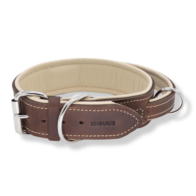Hochwertiges Hundehalsband aus Leder mit Griff CHARLIE Kastanienbraun/Creme